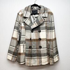 Attention Plaid Fleece Double Breasted Pea Coat Womens 2X Outdoors Wool Blend